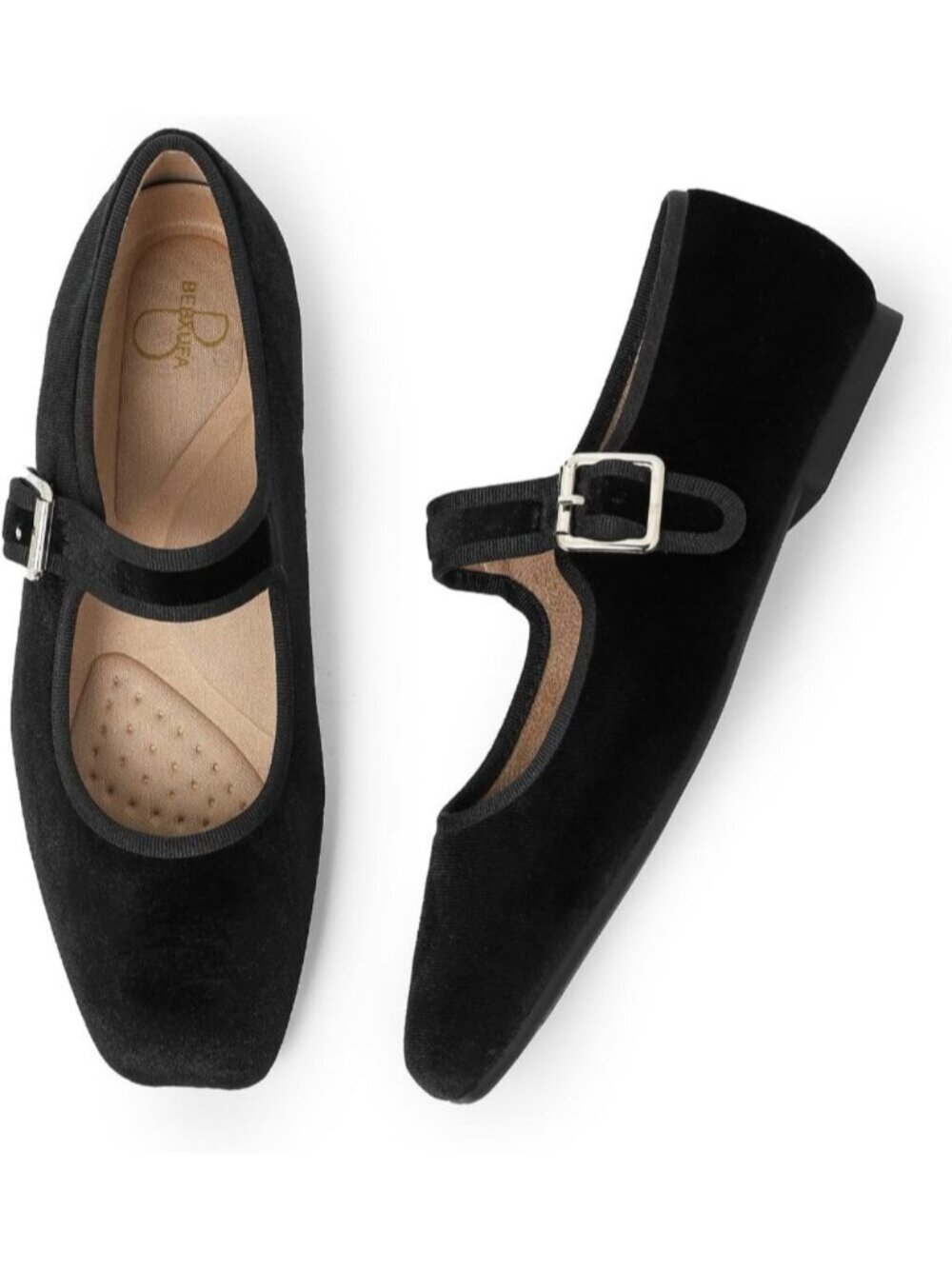 Women's Black Mary Jane Square Toe Ballet Flats With Adjustable Strap Shoes